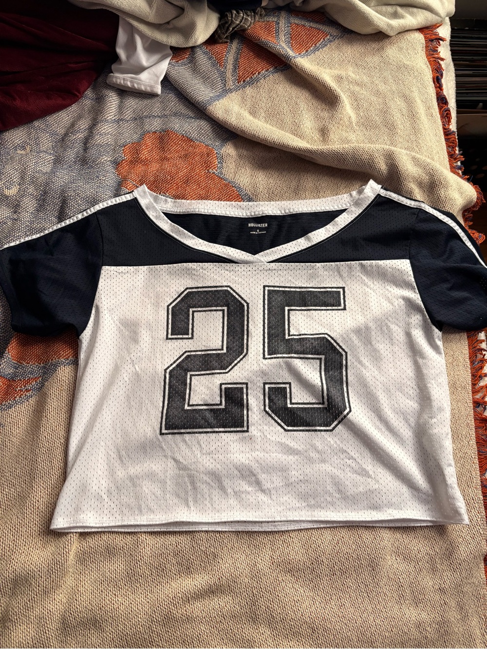 Hollister White and Navy Girls' Athletic Jersey Top with '25'